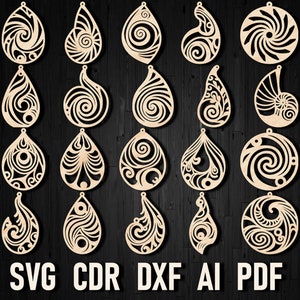 May include: A set of 18 laser-cut earring designs featuring intricate swirls and patterns. The designs are in a light wood color and are ready to be made into earrings. The text "LASER READY FILES" and "INSTANT DOWNLOAD" are visible on the left and right sides of the image.