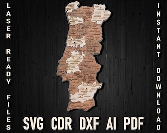 Fichier de découpe laser SVG et de forge luminescente pour la fabrication d'une carte du Portugal en bois, cadeau pour portugais, décoration murale en bois, carte pour les voyageurs du Portugal