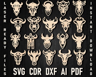 Testa di toro orecchini modello Svg, modello in finta pelle di mucca Svg, taglio laser modello Dxf Buffalo Xtool Glowforge gioielli Cricut Cut File