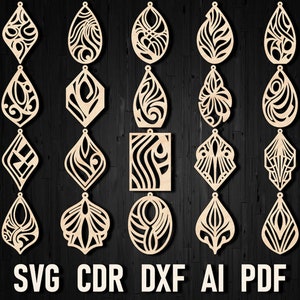 May include: A set of 18 laser-cut earring designs in SVG, CDR, DXF, AI, and PDF formats. The designs feature intricate geometric patterns and swirls.