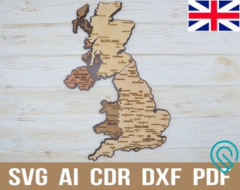 Das Vereinigte Königreich Svg Laser schneiden und engraiving Karte Puzzle, pdf Glowforge geschnitten Dateien Holzkarte von Großbritannien und Nordirland cdr