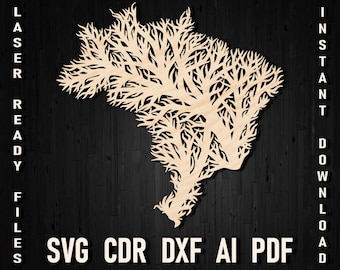 Brasilien Silhuett Trädkarta Svg-fil för laserskärning och gravyr, Brasilien Schablonkarta dxf pdf Glowforge pdf Brasiliansk karta, karta över Brasilien