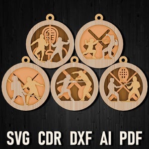 May include: Set of six laser-cut wooden ornaments featuring different fencing poses. Each ornament is circular and has a light brown color.