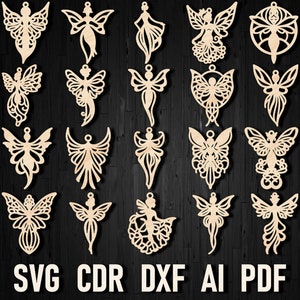 May include: Twenty-four laser-cut fairy designs in SVG, CDR, DXF, AI, and PDF formats. The designs feature intricate details and are perfect for crafting projects.