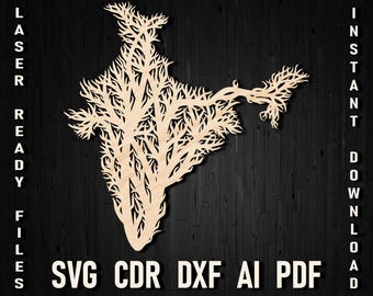 Tree Style Svg India Silhouette map file for laser cut, India wooden map dxf pdf Stencil map, Glowforge India, Artwork Country Map wall art