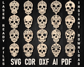 Halloween Day of the Dead Earrings Svg Bundle Files, Scull horror Vector Template, Sugar Scull Earrings Glowforge Pattern, Leather Laser Cut