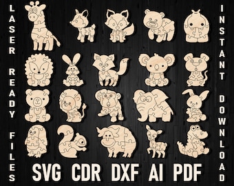 May include: A collection of wooden animal puzzles, including a giraffe, fox, bear, lion, and more. Each puzzle is laser-cut and ready to assemble. The image also includes the text "LASER READY FILES" and "INSTANT DOWNLOAD" with file type abbreviations.