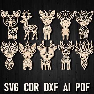 Deer Laser Svg Christmas Decorations, Deer Glowforge Vector Cut Files, Deer Christmas Tree decor Ornaments Dxf, CO2 Lasers Winter Holidays