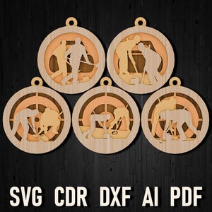 May include: Five laser-cut wooden ornaments featuring a curling team in action. Each ornament is round and has a light brown wood finish.