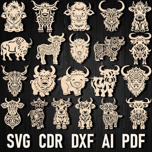 Ornement de Noël découpé au laser Vache des Highlands Silhouette taureau Fichier Dxf Glowforge Fichiers découpé au laser Fichier SVG Contreplaqué Ferme de vache Fichier Cnc Pdf de routeur