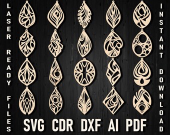 Paquete de plantillas de corte láser de pendiente svg de chapa de vanguardia para archivo de corte Glowforge y Lightburn, descarga de pdf colgante, joyería de cuero de madera