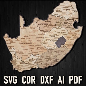 Mapa de Sudáfrica Archivo digital para corte por láser, Mapa de rompecabezas RSA Dxf Pdf Mapa de viaje, Mapa Glowforge de Sudáfrica Pdf Artwork Country Wall