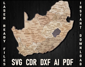 South Africa Map Digital File For Laser Cutting, RSA Puzzle Map Dxf Pdf Travel Map, Glowforge Map of South Africa Pdf Artwork Country Wall