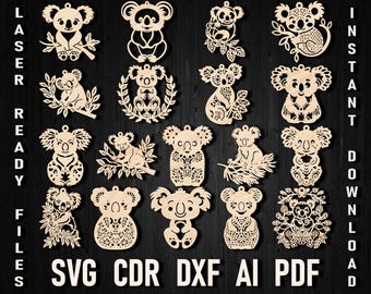 Koala Christmas Svg Ornaments Bundle For Lightburn Laser Cut Files Cute Baby Koala Cut Digital Silhouette Decor for CNC machines Wall Art