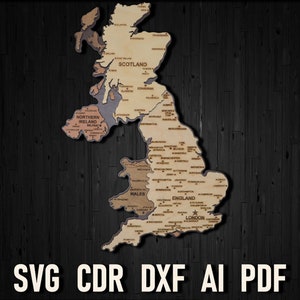 The United Kingdom svg Lasergravur Karte Puzzle, geschmiedete pdf Datei Holzkarte von Großbritannien und Nordirland cdr