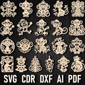 May include: A set of 20 laser-ready files for creating monkey-themed ornaments. The files are available in SVG, CDR, DXF, AI, and PDF formats. The ornaments feature monkeys in various poses, including playing musical instruments, sitting on branches, and holding flowers.