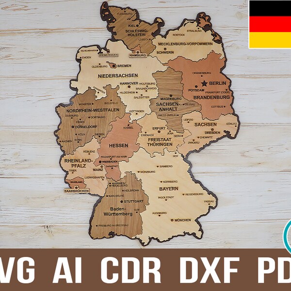 Germany map svg file for glowforge and laser cutting, Deutschland karte map puzzle, Wooden Wall Decoration Travel Map, file for laser cut