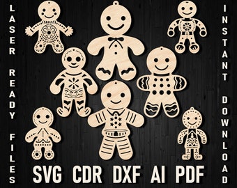 Navidad pan de jengibre corte láser svg, Gingerbread Navidad juguetes pendientes dxf, Gingerbread Man, Christmas Clip Art Cricut Silhouette File