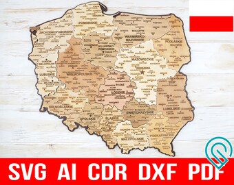 Poland map digital file for laser cutting, Polish Puzzle map dxf pdf travel map, Glowforge Mapa Polski pdf, Artwork Country Map wall art