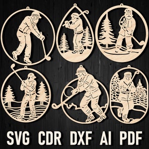 Bundle SVG de jouet d'ornement de père Noël de golf, ornement de golf de joueur de père Noël, fichier prêt pour le laser, ornement de golf Glowforge svg Cricut coupe fichier Golf