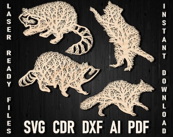 Raccoon Tree Svg Wall Panel Ornament Style, Files for Glowforge Decoration CNC Plasma Router Raccoon Cutting Files For Wood and Metal