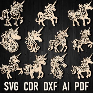 Paquete de archivos de adornos navideños cortados con láser en formato SVG de unicornio. Archivos DXF de unicornio de juguete navideño para Cricut y Silhouette Glowforge CNC Project Xtool