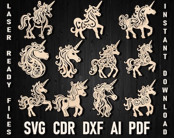 Unicorn svg laser cut Christmas ornament files bundle. Christmas Toy Unicorn dxf files for Cricut and Silhouette Glowforge CNC Project Xtool