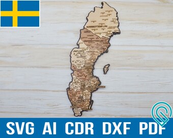 Svg Sweden Laser Cutting and Engraiving Map Puzzle, Swedish Pdf Glowforge Cut Files Wooden Map, Sverige Cdr Ai Stockholm Wall Art Templates