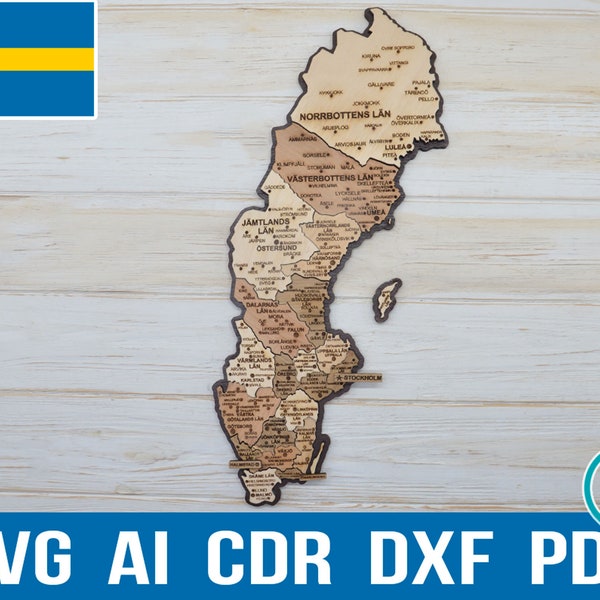 Svg Sweden Laser Cutting and Engraiving Map Puzzle, Swedish Pdf Glowforge Cut Files Wooden Map, Sverige Cdr Ai Stockholm Wall Art Templates