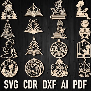 Book Lover Christmas Svg Tree Cutting Ornaments Bundle, Laser Cut Reader Gift Decor, Library Ornament Book Stack, Gift for Reader Bookshelf