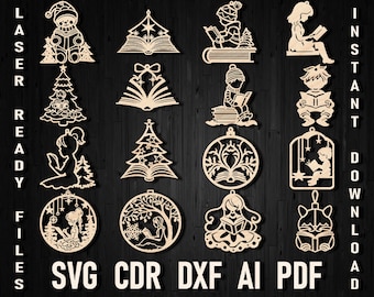 Book Lover Christmas Svg Tree Cutting Ornaments Bundle, Laser Cut Reader Gift Decor, Library Ornament Book Stack, Gift for Reader Bookshelf