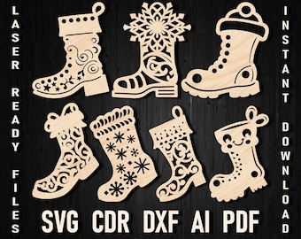 Santa Claus Boot Laser Cut Christmas Bundle Files, Filigree Boots Pdf cut files for Silhouette & Cricut scrapbooking, card making, paper cut