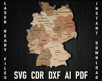 Germany map svg file for glowforge and laser cutting, Deutschland karte map puzzle, Wooden Wall Decoration Travel Map, file for laser cut