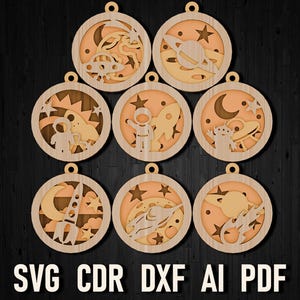 Ruimte lasersnijden kerstversiering, svg ruimte glowforge bestand patroon decor, speelgoed van het zonnestelsel, digitale vectorbestanden direct downloaden