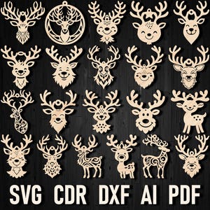 Puede incluir: Un conjunto de 20 diseños de adornos de reno cortados con láser en formatos SVG, CDR, DXF, AI y PDF. Los diseños presentan varias poses y estilos de reno, incluido un diseño de reno circular.