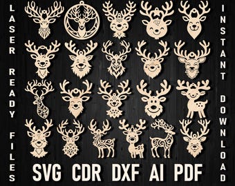Svg Laser Cut Christmas Wooden Elk Ornament, Glowforge Moose Christmas Tree Decor Ornaments Wildlife Lightburn Vector Stencil Deer Design