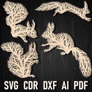Fichiers découpés au laser Svg arbre écureuil pour CNC et Glowforge, décoration art mural écureuil pour métal plasma et ornement en bois AI svg dxf