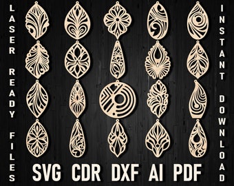 Boho and Hippie svg wooden pattern earring for laser cut and glowforge, digital file download Earring dxf bundle, Mega earring cut patterns