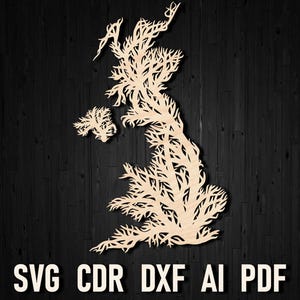 SVG Baum Stil Laser Cut Landkarte von Vereinigtes Königreich, UK Map Schwarz Weiß Detailliertes Land England, Glowforge Xtool Sofortiger Download Pdf Dxf