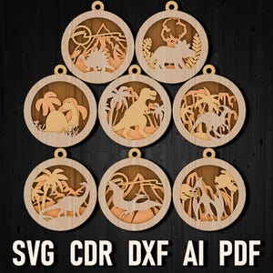 Dinosaur Svg Laser cut file christmas decoration, dxf laser pattern christmas multilayer decor, T-Rex Glowforge project laser cut model