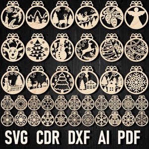 May include: A set of 25 laser-cut Christmas ornament designs featuring various winter themes, including snowflakes, reindeer, angels, and Christmas trees. The designs are ready to be cut on a laser cutter and are available for instant download in SVG, CDR, DXF, AI, and PDF formats.
