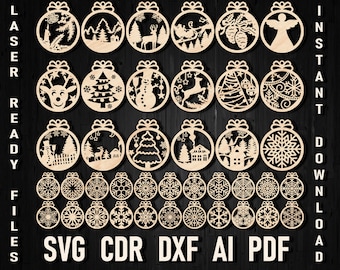 Christmas Laser Cut Ornaments Svg Digital Files For Glowforge Xtool Balls Tree Toys Decorations CNC Plasma Cricut Silhouette Digital Files
