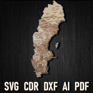 SVG Schweden Laserschnitt und Gravur Karte Puzzle, schwedische Pdf Glowforge Cut Dateien Holzkarte, Sverige Cdr Ai Stockholm Wand Kunst Vorlagen