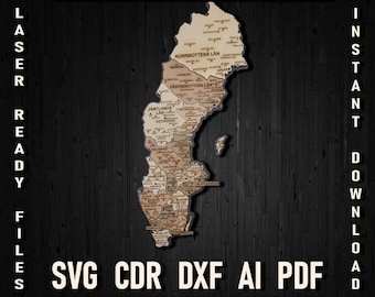 Svg Sweden Laser Cutting and Engraiving Map Puzzle, Swedish Pdf Glowforge Cut Files Wooden Map, Sverige Cdr Ai Stockholm Wall Art Templates