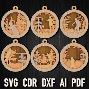 Adorno navideño multicapa con forma de disco de golf para corte por láser, archivos de corte Frisbee Svg para glowforge y cricut, archivos dxf de silueta para corte por láser