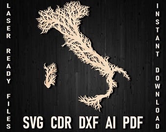 Svg Tree Wooden Italy Laser Cut Map Wall Decor, Italy Cricut wall decoration art for room home office, Italian Glowforge Ornament map dxf