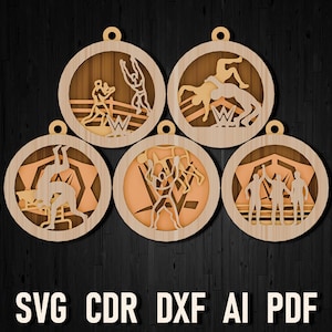 May include: Set of six wooden ornaments featuring wrestling figures in various poses. The ornaments are laser cut and ready to be painted or stained.