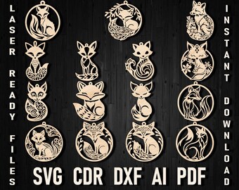 Christmas tree Fox laser cut svg ornament Bundle Files | Wooden Cut Scandinavian fox Pattern Fox Template Car Charm Glowforge Craft xTool