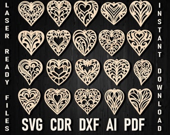 Rękodzieło w kształcie serca DIY, pliki SVG Heart Glowforge Cut, kolczyki w kształcie serca SVG, pliki do cięcia szablonów serca, 20 pakietów ozdób w kształcie serca na Walentynki