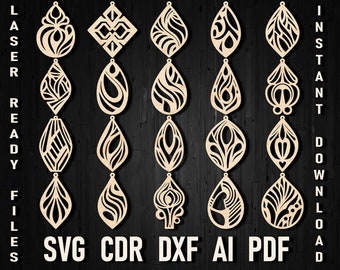 Pendientes de lágrima minimalistas artesanales con pendiente de cuero y madera SVG - Plantilla de corte láser Descargar Glowforge Cut Fil Boho Pendientes Bundle